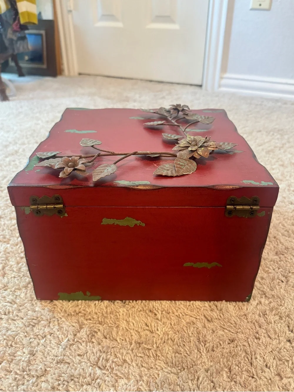 Vintage-Style Red Decorative Jewelry Box with Floral Metal Accent